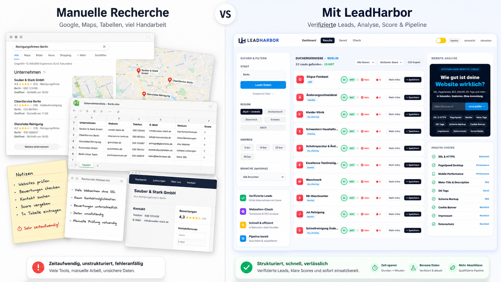 Vergleich zwischen manueller Google Suche und LeadHarbor Dashboard