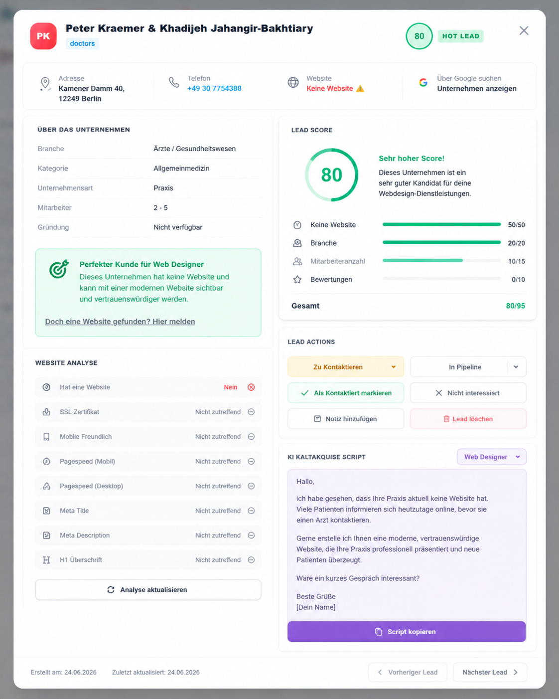 LeadHarbor Lead Detail mit Lead Score und Website-Status