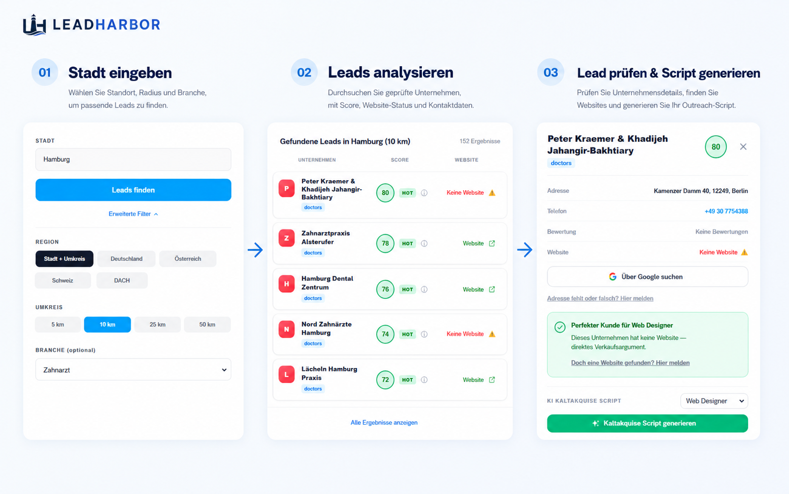 LeadHarbor Suche nach Unternehmen ohne Website nach Stadt und Branche